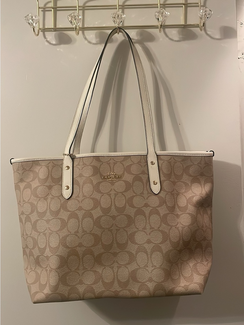 Coach Beige Signature Jacquard Tote with White Trim